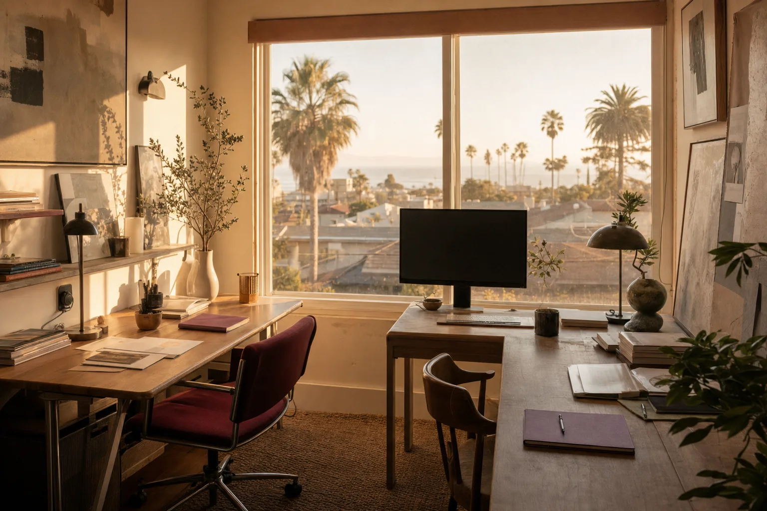 The two-desk Clickology studio in San Diego at golden hour