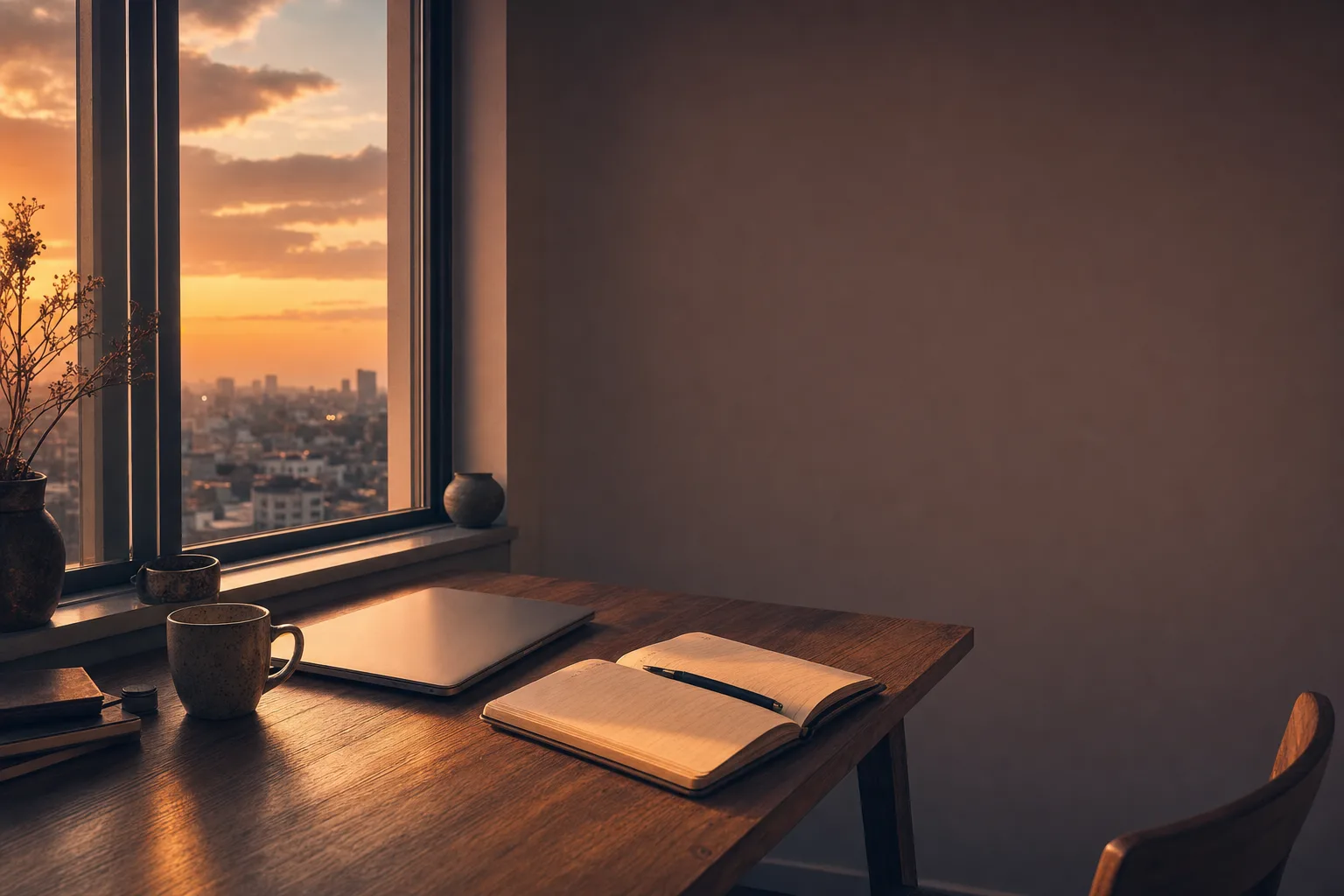 A quiet desk by a window at golden hour, notebook open beside a closed laptop
