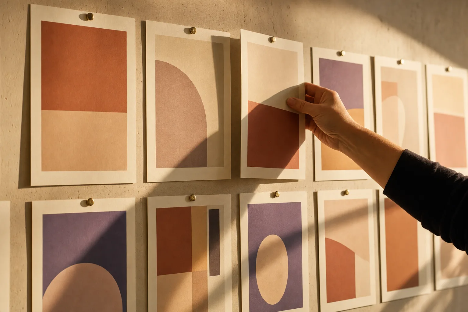 A wall of printed ad creative cards being rearranged in warm evening light
