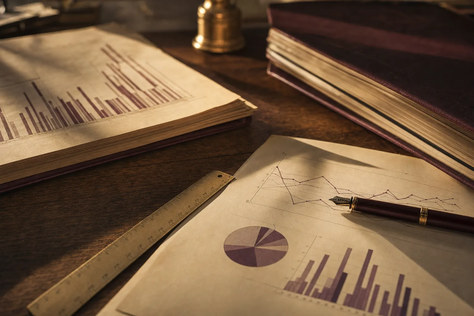Printed charts, a fountain pen, and two paper ledgers on a desk in golden-hour light